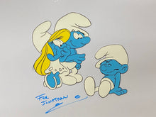 Load image into Gallery viewer, The Smurfs - Original animation cel of Smurfette, Grouchy and another Smurf (Used for publicity, signed by animator)
