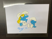Load image into Gallery viewer, The Smurfs - Original animation cel of Smurfette, Grouchy and another Smurf (Used for publicity, signed by animator)
