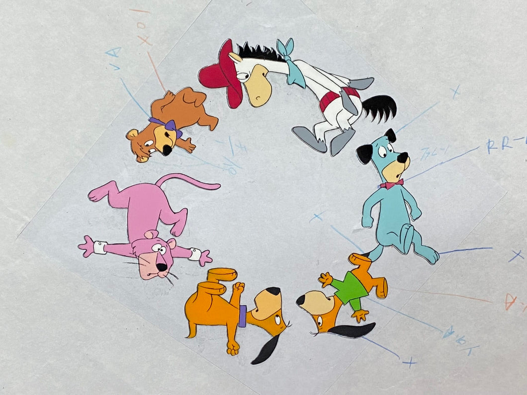 Original animation cel and drawing of Yogi Bear, Snagglepuss, Doggie Daddy & son, Huckleberry Hound and Quick Draw McGraw