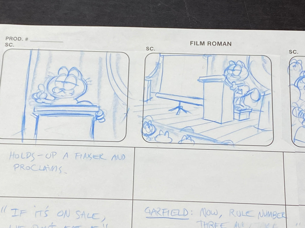 Garfield and Friends - Original animation storyboard of Garfield, hand drawn and signed