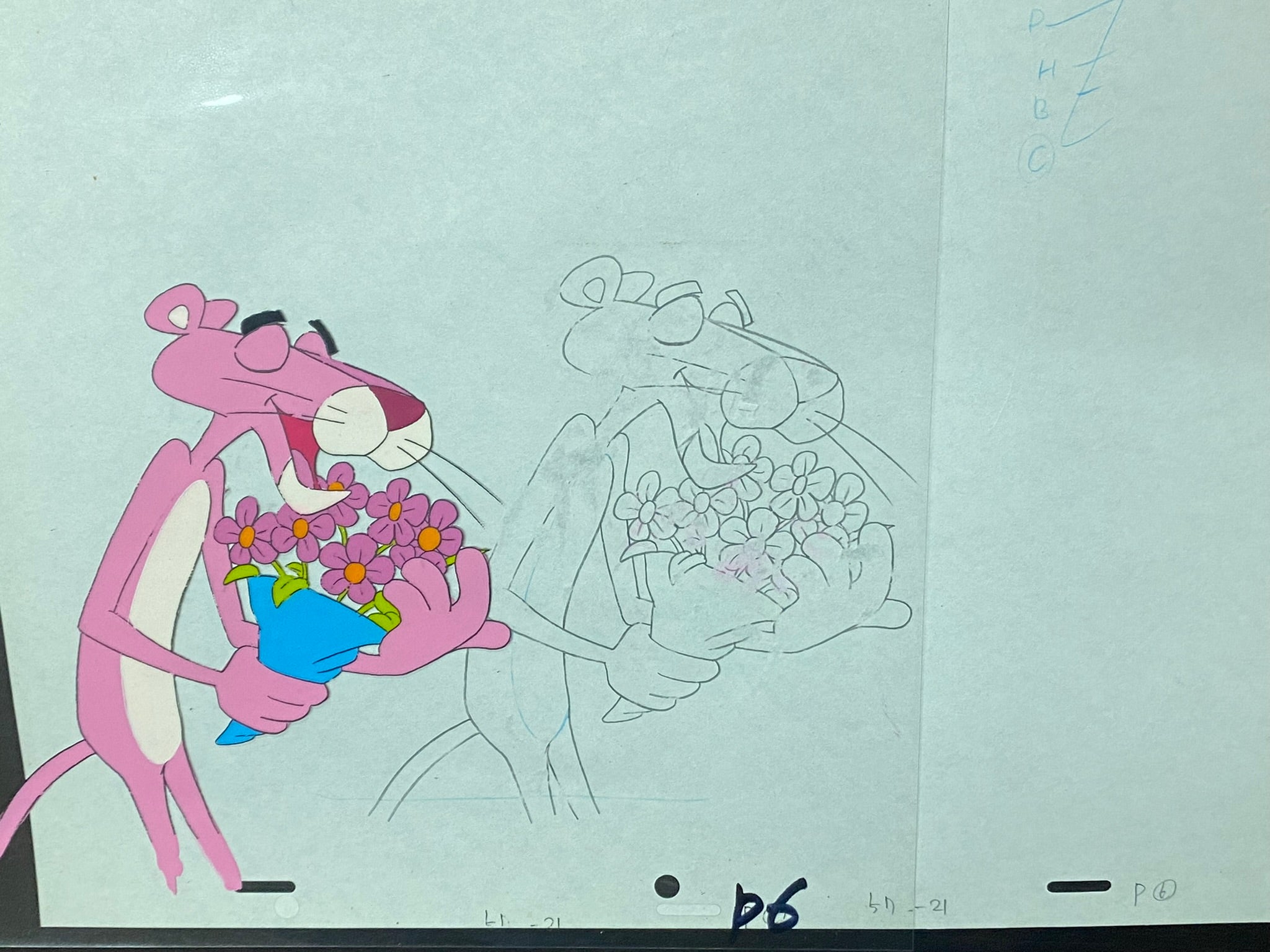 Pink Panther with flowers, original animation cel and drawing – Gallery  Animation