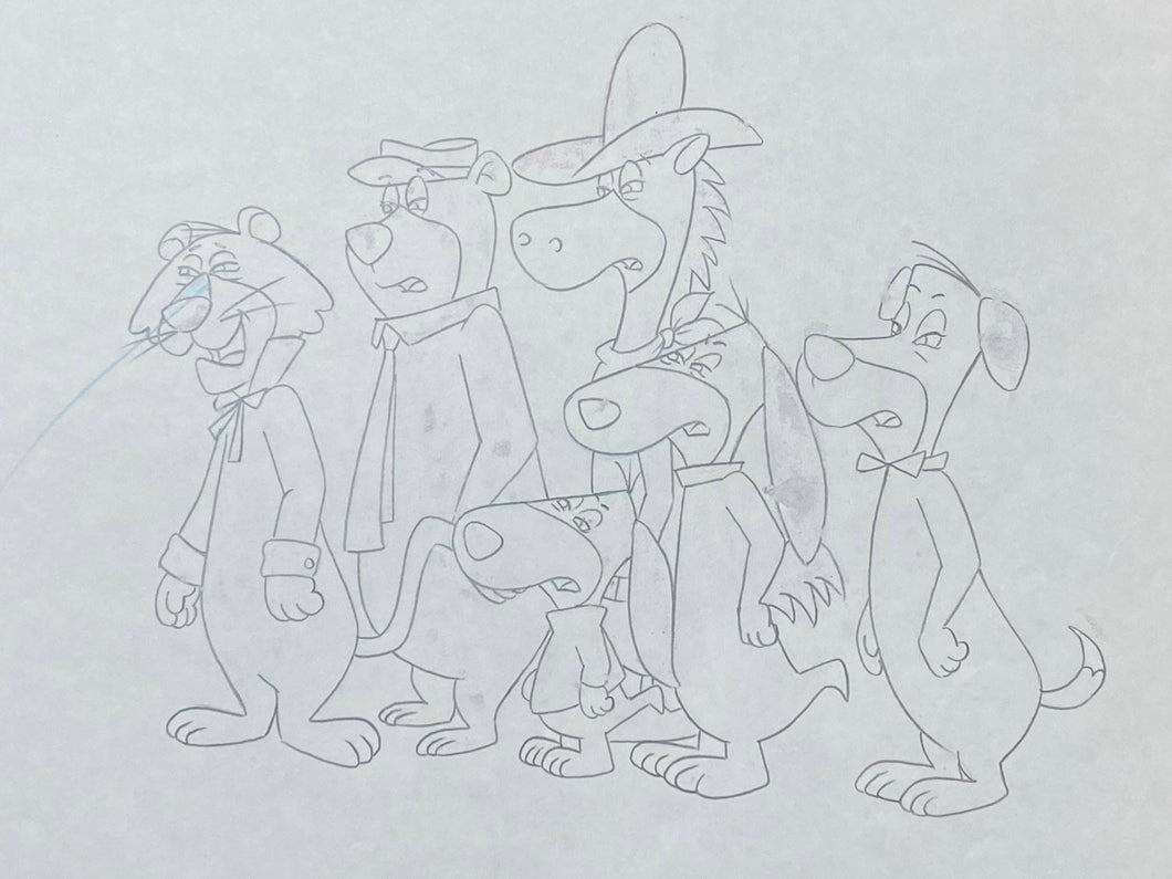 Original animation drawing of Yogi Bear, Snagglepuss, Doggie Daddy, Huckleberry Hound and Quick Draw McGraw