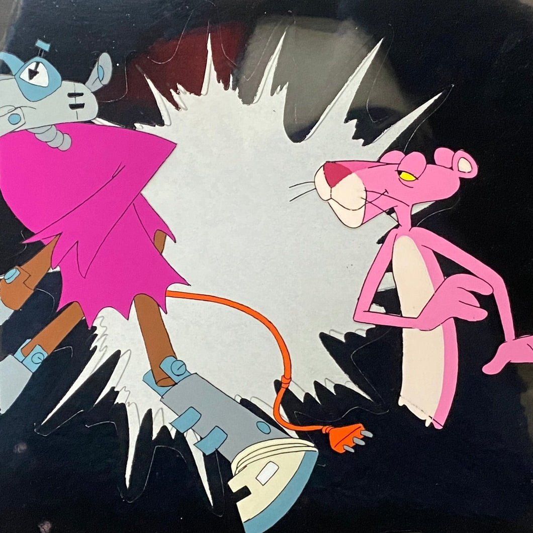 Pink Panther with Robot, 2 original animation cels and drawings + Original Background