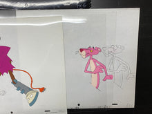 Load image into Gallery viewer, Pink Panther with Robot, 2 original animation cels and drawings + Original Background
