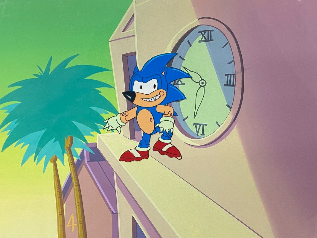 Sonic the Hedgehog - Original Animation Cel with painted background of Sonic
